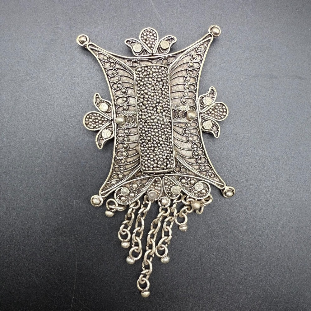 Vintage‎ Neusilber Filigree Brooch Pendant Tribal Design 4.5"x2.5" - Picture 2 of 5
